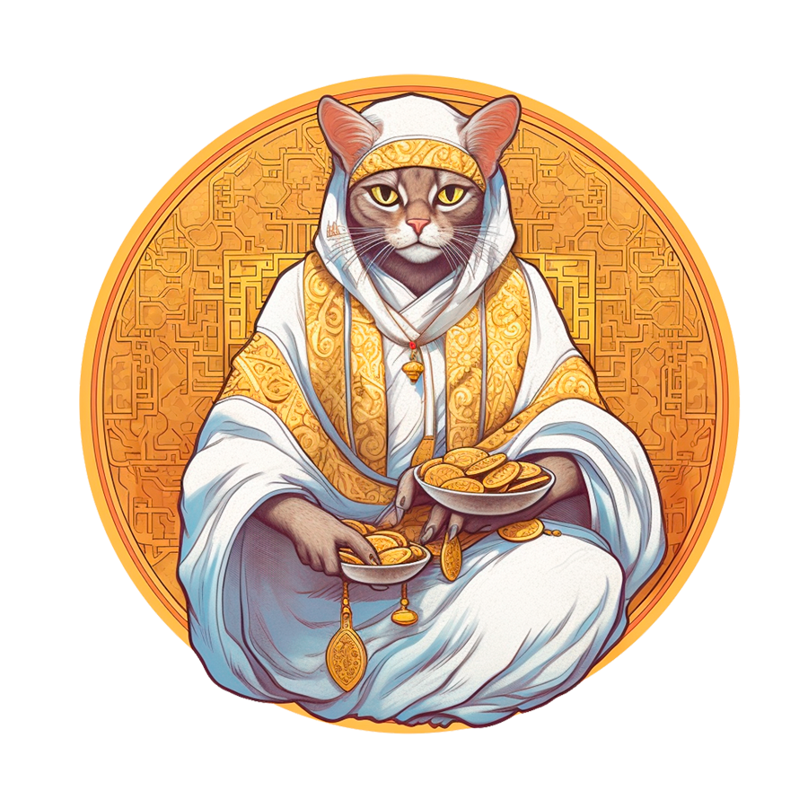 Dubai Cat in a white robe before a golden coin