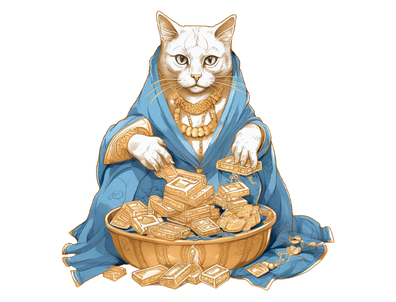 Cat in a blue robe seated before a golden treasure