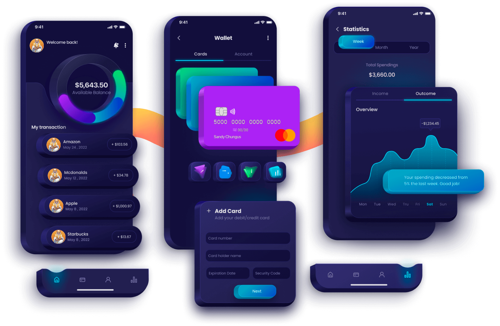 Three historical Dubai Cat Wallet screens showing cards and statistics